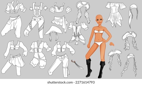 Pirate Lady Coloring Paper Doll and Outfits   Hairstyles  Vector Illustration