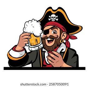 Pirate with a large mug of foaming beer, vector illustration.