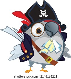 Pirate Leader. Parrot. Pirate. A bird with a gray beak. Pirate camisole. Black hat with red feather. Skull on a hat. Funny character for kids game about pirates.