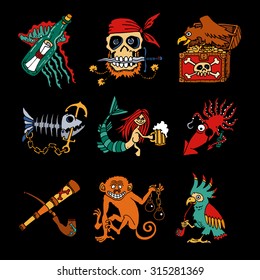 Pirate Legends cartoon icons on black background. Decorative hand-made illustrations for posters, stickers, fantasy map.