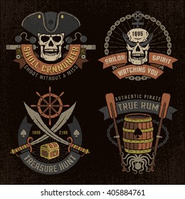 Pirate logo, emblem with skulls and grunge texture. Text, background, scratches on separate layers.