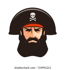 Pirate logo or label. Portrait of bearded man in cocked hat. Cartoon vector illustration
