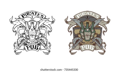 Pirate logo with map, bottles o and lettering. Logos skulls in vintage style