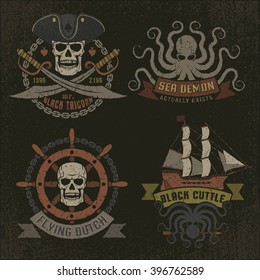 Pirate logo in retro style with grunge texture on a dark background. Scratches and text on separate layers and are easily removed.