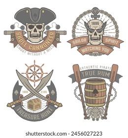 Pirate Logo Vector Illustration: An Emblem with Skulls and Grunge Texture, Featuring Text, Background, and Scratches on Separate Layers