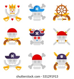 Pirate logos with different skulls and bones flat vector design. Skulls with crossbones isolated on white background. Jolly Roger logos flat vector illustrations.