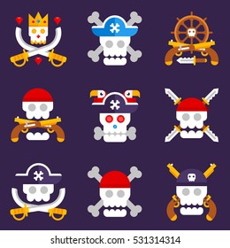 Pirate logos with different skulls and bones flat vector design. Skulls with crossbones isolated on purple background. Jolly Roger logos flat vector illustrations.