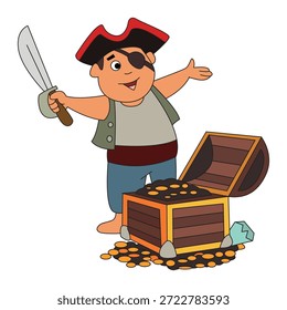 Pirate looking on treasure is smiling