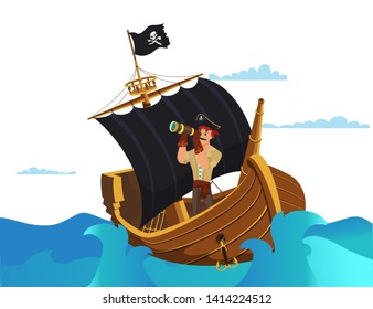 Pirate looking in spyglass flat vector illustration. Buccaneer, sailor cartoon character. Medieval sea dog, boatswain isolated design element. Ship captain in boat with anchor. Black sail