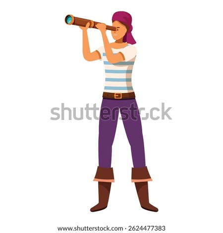Pirate looking through spyglass standing on white background