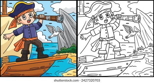 Pirata mirando a través de la ilustración del telescopio