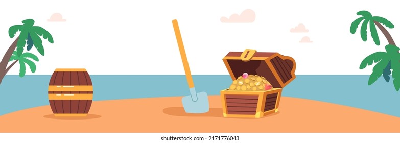 Pirate Loot in Treasure Chest, Barrel with Rum and Shovel Stuck in Sand on Tropical Island. Cartoon Background with Sea Shore and Picaroon Items. Filibuster Themed Landscape. Vector Illustration