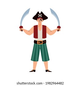 Pirate man character standing holding two swords above his head, cartoon vector illustration isolated on white background. Man in costume of pirate or sea robber.