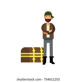 Pirate man character standing near wooden chest with treasures. Dressed in white shirt, brown jacket, gray pants, black boots, bandana on head and gold earring in ear. Vector flat design illustration.