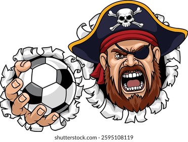 A Pirate man holding Soccer Football ball sports team cartoon character mascot illustration.