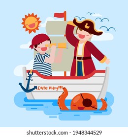 Pirate man and salad boy use binocular on ship and squid in the sea, Drawing design in cartoon character, flat vector illustration
