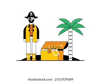 Hombre pirata con tesoro en la playa, lleno de monedas, oro y joyas. Diseño de personajes. Ilustración plana de Vector