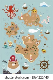 Pirate map for children in a Scandinavian style. Vector illustration. Perfect for play room design and posters for your child's room.