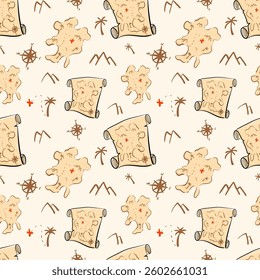 Pirate map drawing on papyrus seamless pattern. Old scroll. Treasure map in cartoon style. Red mark, compass, palm trees on island. Perfect for children wallpapers, textile. Color vector illustration.