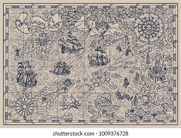 Pirate map with mythological creatures, old vessels, compass and treasure islands. Pirate adventures, treasure hunt and old transportation concept. Hand drawn vector illustration, vintage background