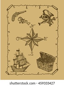 Pirate map old poster Hand drawn sketch of pirate ship, Jolly Roger, pistol gun, treasure chest, compass rose on a old map background Pirate map vector illustration