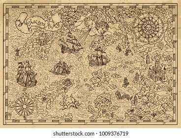 Pirate Map with old sailing ships, fantasy creatures, treasure islands. Pirate adventures, treasure hunt and old transportation concept. Hand drawn vector illustration, vintage background