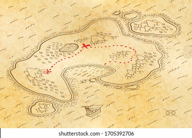 Pirate map on old textured paper with red path to treasure in isometric view