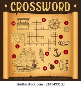 Pirate map and piracy crossword grid. Find a word quiz game, children educational game, kids logical riddle or child text puzzle with pirates ship, treasure chest and parrot on old map paper scroll