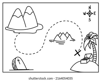 Pirate map with route to treasure island.