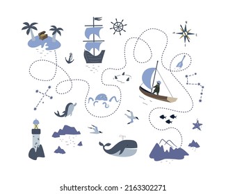 Pirate map with ship, islands, bottle and lighthouse. Treasure map. Vector flat illustration.