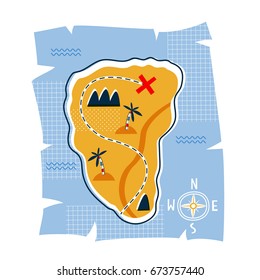 Mapa pirata. Plantilla para tarjetas, estampados de camisetas, vacaciones de verano. Ilustración vectorial en colores rojo, amarillo y azul.