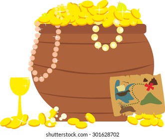 Pirate map and treasure chest with full of gold.