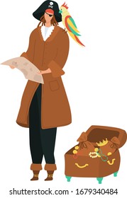 Pirate with map and treasure chest of gold with a parrot perched on shoulder, costume cartoon vector illustration iolated on white. Pirate character with black hat, skull and bones on it.