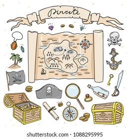Pirate map and treasure hand drawn illustrations. Cute set with pirate symbols and nautical objects