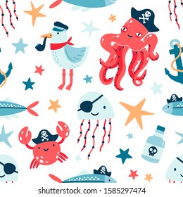 Pirate marine animals flat vector seamless pattern. Childish cute backdrop. Underwater world inhabitants. Seagull, jellyfish and octopus cartoon texture. Fish, crab and anchor on white background.