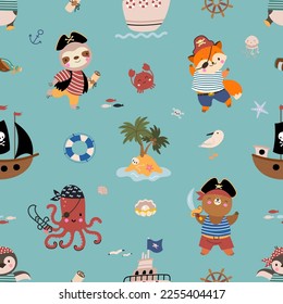 Pirate marine print, animal pirates and ships. Cute children ocean seamless pattern, decorative nautical cartoon design. Nowaday animals vector background