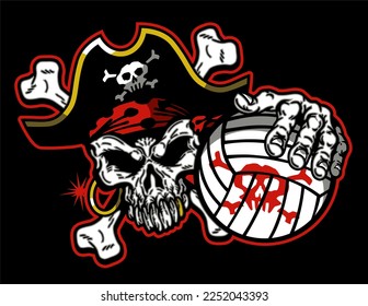 pirate mascot skull holding volleyball for school, college or league sports