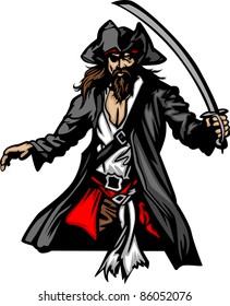 Pirate Mascot Standing with Sword and Hat Graphic Vector Illustration