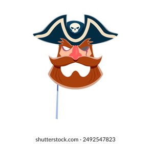 Pirate mask for carnival or photo booth with corsair sailor face in tricorne hat, cartoon vector. Pirate masquerade carnival props or photobooth mask of captain or old boatswain sailor with angry face