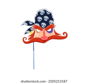 Piratenmaske, Karneval Fotokabine Korsarensegel Gesicht in Bandana mit Schädeln, Cartoon Vektor. Piratenmaske für Maskerade oder Karneval Fotokabine, Korsarensegler mit blauem Auge, Schnurrbärte und Ohrring