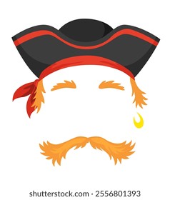 Pirate mask. Cartoon face decoration - hat and mustache. Party accessories, head costume concept. Decoration item for your selfie photo, video chat filter or photo booth