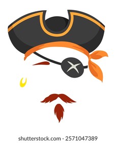 Pirate mask. Cartoon face decoration - hat, beard and mustache. Party accessories, head costume concept. Decoration item for your selfie photo, video chat filter or photo booth