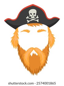 Pirate mask. Cartoon face decoration - hat, beard and mustache. Party accessories, head costume concept. Decoration item for your selfie photo, video chat filter or photo booth