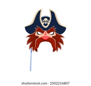 Pirate mask for photo booth or carnival masquerade, cartoon vector corsair captain face. Pirate mask of sailor tricorne hat with Jolly roger skull crossbones for kids carnival props or photobooth mask