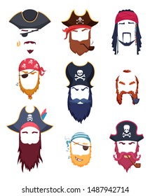 Pirate masks. Carnival costumes element mustache hat beard hook hair vector creation kit