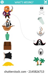 Pirate matching activity with cute marine symbols. Treasure hunt puzzle with ship, chest, flag, island, bottle, anchor. Match the objects game. Sea adventures match up printable page
