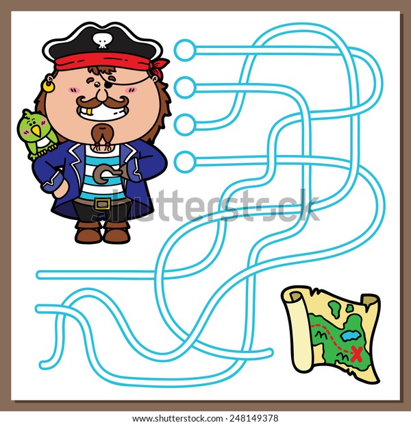 海賊の迷路教育ゲーム 迷路 迷路 の教育ゲームのベクターイラストで かわいい海賊と子ども向けの財宝の地図が描かれています のベクター画像素材 ロイヤリティフリー