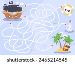 Pirate maze game for kids. A maze with a pirate ship and a treasure island. Help the pirate ship to find to the treasure island.	
