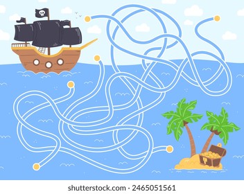 Pirate maze game for kids. A maze with a pirate ship and a treasure island. Help the pirate ship to find to the treasure island.
