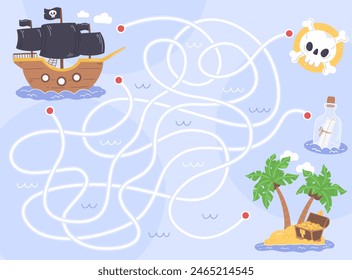 Pirate maze game for kids. A maze with a pirate ship and a treasure island. Help the pirate ship to find to the treasure island.	
